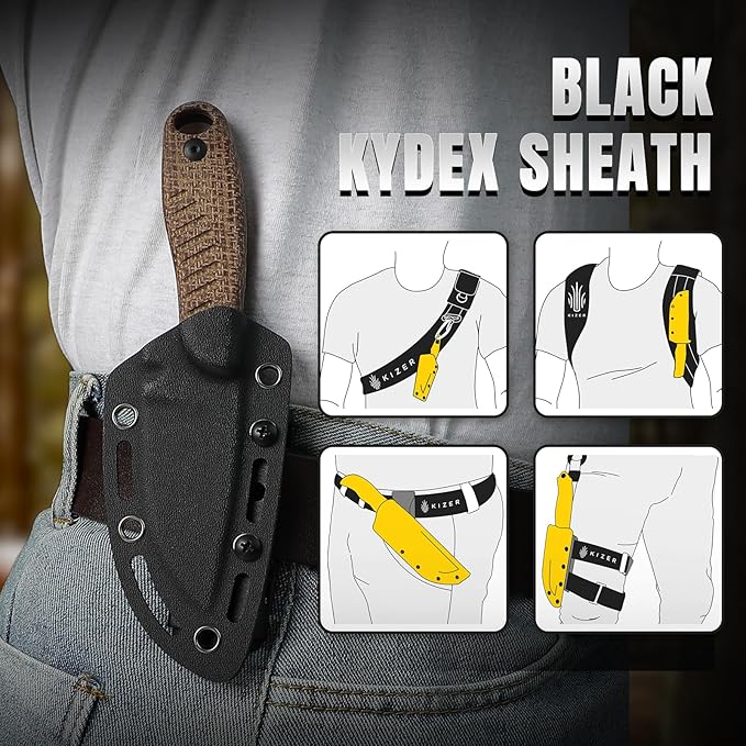 Kizer Hare Fixed Blade Knife with Sheath, 3.14" D2 Steel Blade EDC Hunting Knife with Burlap Micarta and Black G10 Handle, Small Survival Knives, Outdoor Camping Knives for Men Women 1077M3