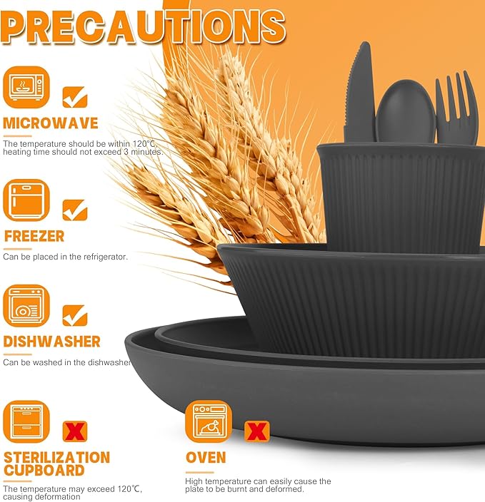 42 Pieces Wheat Straw Dinnerware Set - OAMCEG Plastic Dinner Set for 6, Kitchen Plates and Bowls Set, College Dorm Microwave Dishes, Unbreakable Plastic Outdoor Camping Dishes, Black