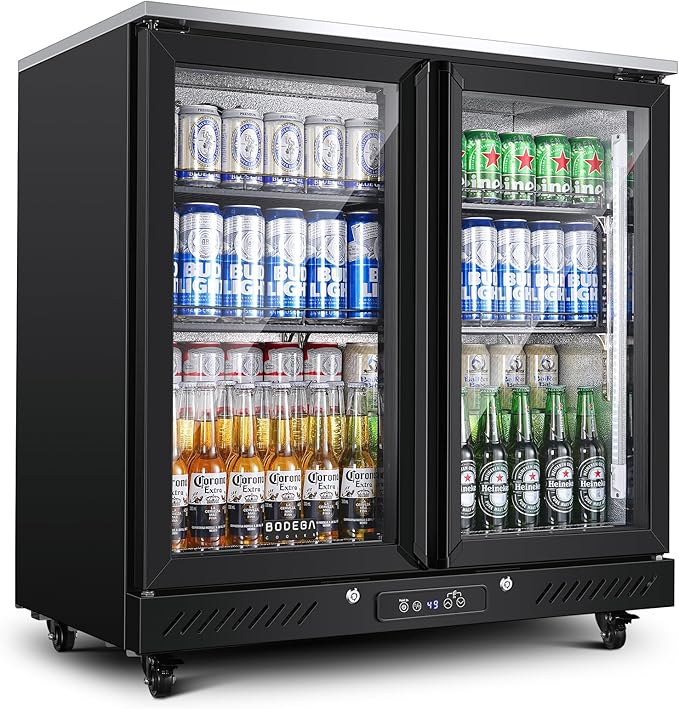 BODEGACOOLER Commercial Beverage Bar Cooler with 2 Glass Doors,7.7 Cu.ft Counter Height Back Bar Refrigerator LED Lighting for Soda Drinks,Beer,Wine with Stainless Steel Top,DOE Approved,4 Casters