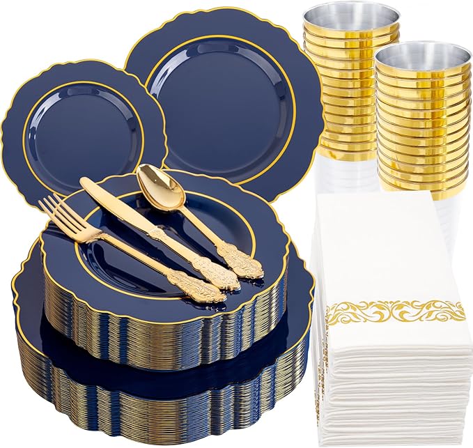 KIRE 210Pcs Navy Blue Plastic Plates - Blue Plates Disposable - 30guest Baroque Plastic Dinnerware for Upscale Wedding/Parties