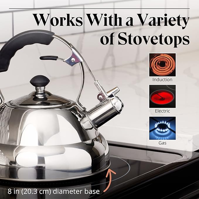 Willow & Everett Whistling Tea Kettle for Stove Top - 3 Liter Tea Pots for Stove Top w/Stainless Steel, Brushed Finish and Strainer - Tea, Coffee & Hot Water Pot, Red