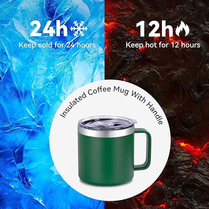 VEGOND 14 oz Insulated Coffee Mug with Handle, Stainless Steel Travel Coffee Mug with Lid, Double Wall Vacuum Metal Coffee Cup, Coffee Tumbler Powder Coated, Dark Green 1 Pack