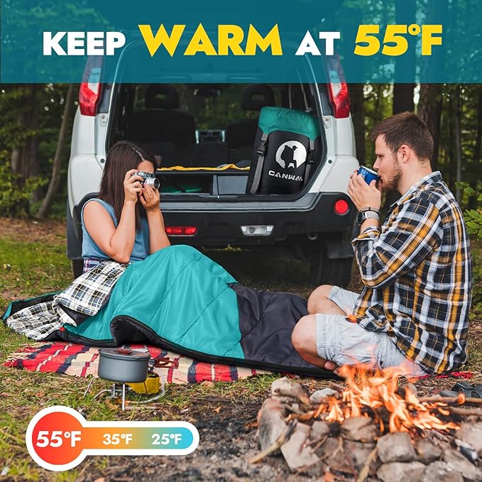 CANWAY Flannel Sleeping Bag for Adults & Kids - Camping & Backpacking - Cold & Warm Weather - Compression Sack