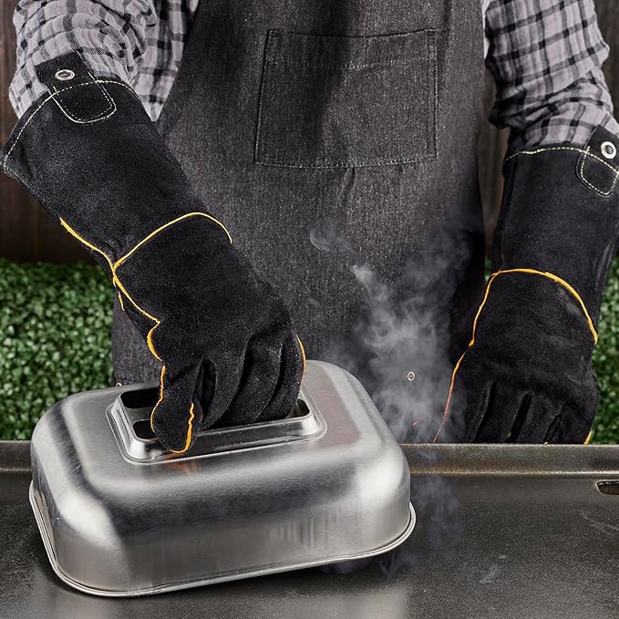 Extra Long Leather Gloves, Extreme High Heat Resistant Gloves, Rugged but Comfortable for Outdoor Cooking, Oven Use, Campfire, Bonfire, Grilling, Fire Pits, Hot Logs, Backyard BBQ by Mr Bar-B-Q 40113Y