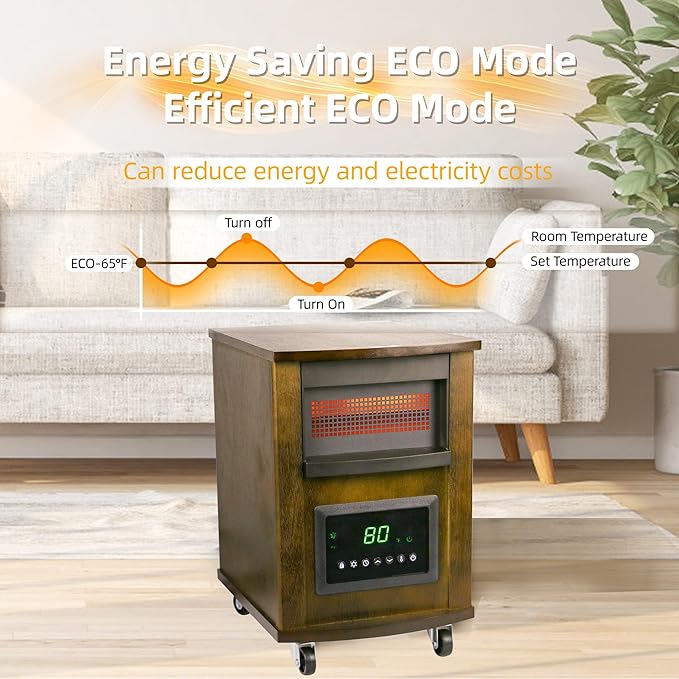 1500W Realsmart Space Infrared Heater for Indoor Use Large room Electric Quartz Heater with Remote Control Wheels LCD Display 3 Heating Modes 12H Timer Overheat Tip Over Protection Safe