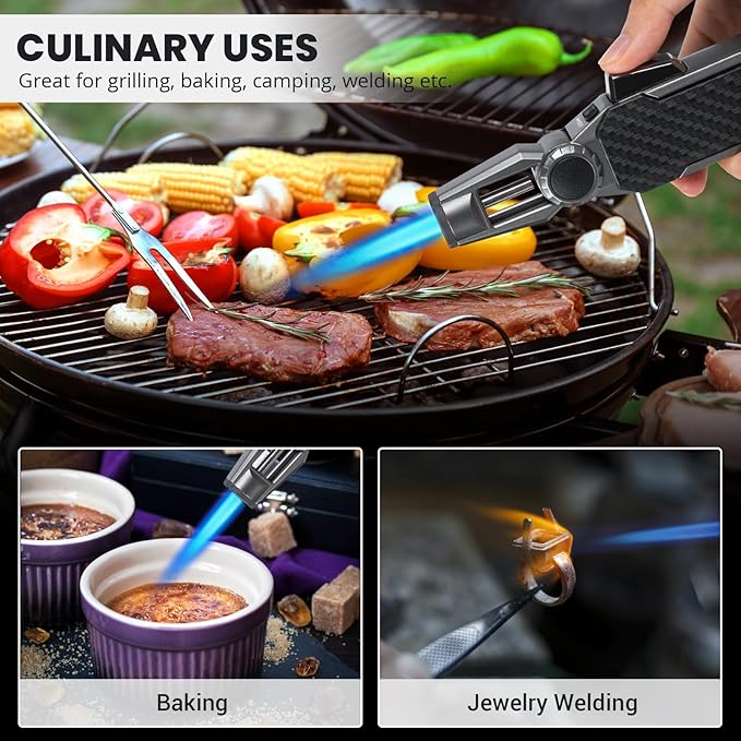 Butane Torch Lighter, Refillable Gas Lighter Cooking Torch, Adjustable Kitchen Torch with Safety Lock - Windproof Jet Flame Blue Fire for Camping Baking BBQ Grill Candle, Gifts for Men