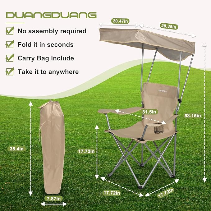 Camping Chair 2 Pack Portable Camping Chair with Canopy,Folding Chair with Canopy, Durable 600D Oxford Canopy Chair for Camping, Beach, Picnics, Fishing & Sports,Straight Edge Beige