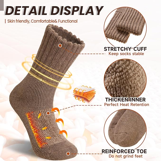 Eyean Merino Wool Socks Thermal Winter Ski Warm Thick Cozy Boot Hiking Socks for Women Men 3 Pairs