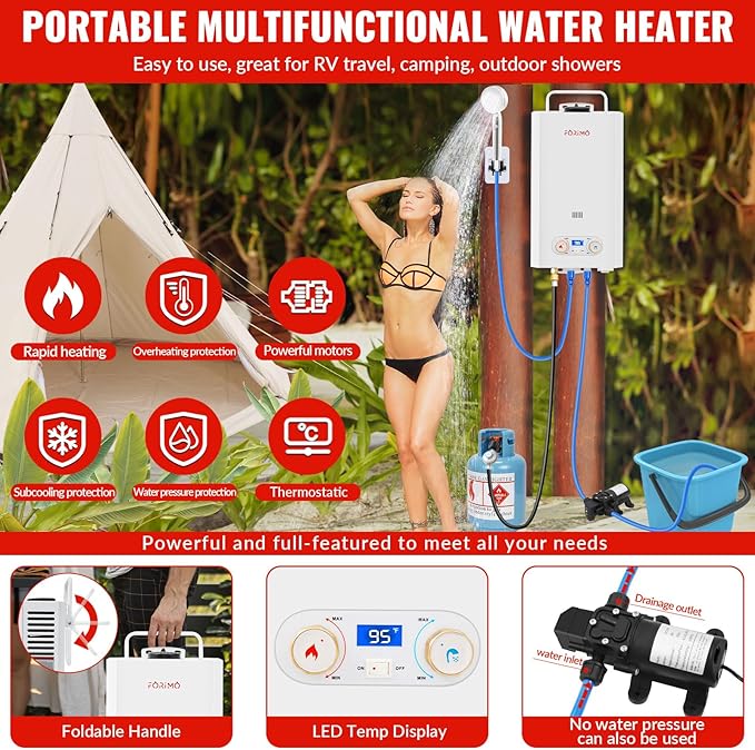 Tankless Water Heater Propane,2.11GPM 8L Outdoor Portable Water Heater,with 2 GPM Water Pump, with Digital Display Multi-Protection for Camping Trips Boat Cabins