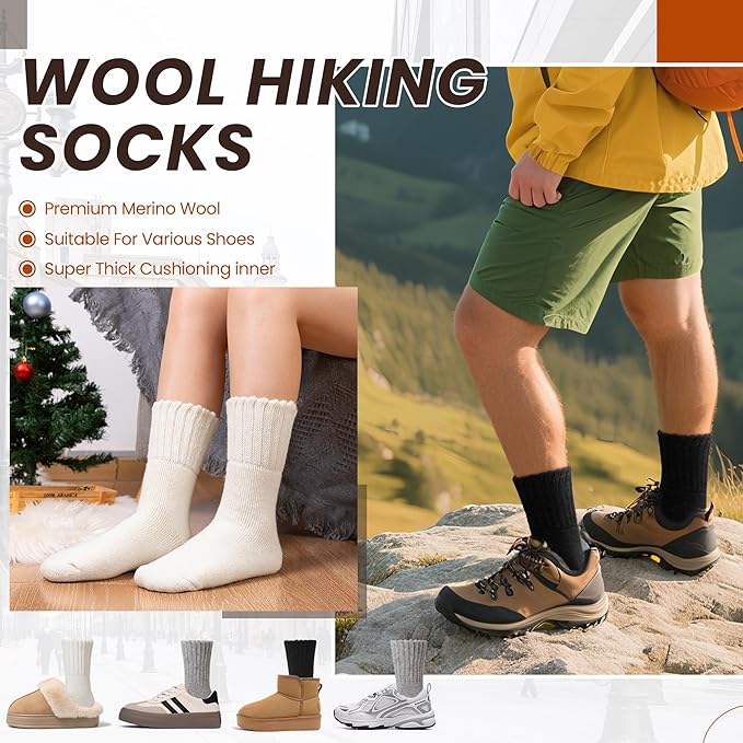 Eyean Merino Wool Socks Thermal Winter Ski Warm Thick Cozy Boot Hiking Socks for Women Men 3 Pairs