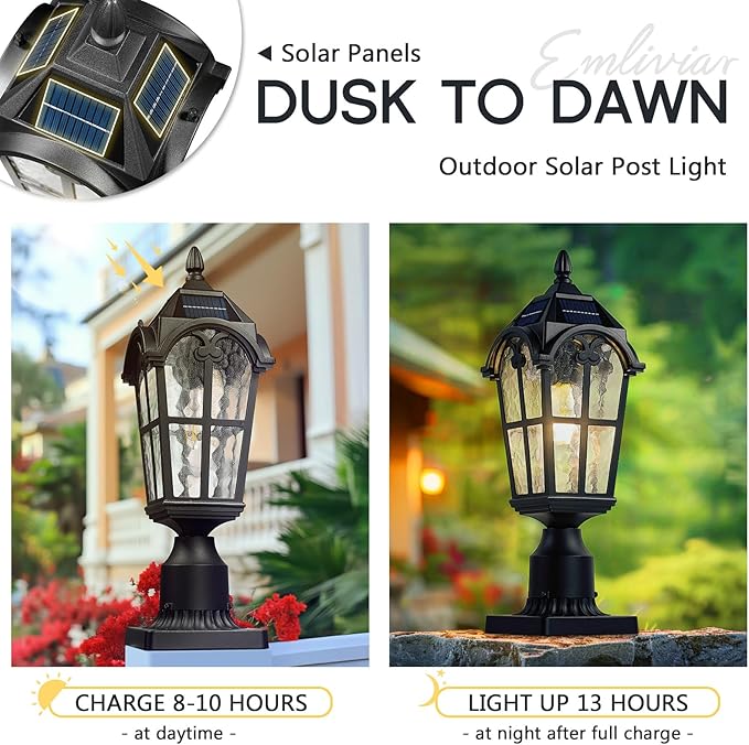 Emliviar 2 Pack Waterproof Solar Post Lamps in Black Finish for Pathway, 17.3'' Dusk to Dawn Garden Patio Post Lights Includ LED Bulbs with Water Grain Glass Shade, YXE302P-2PK SL BK