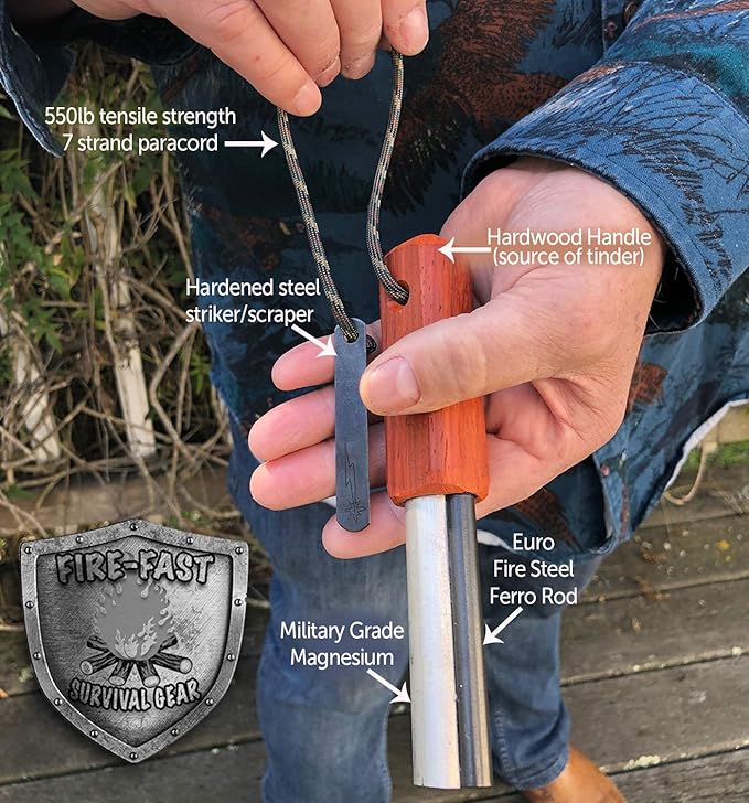 Fire-Fast Trekker. Best Emergency Waterproof Survival Fire Starter. Magnesium and Euro Fire Steel Ferro Rod. Compact Durable Tool for Bushcraft, Camping, Backpacking, Hiking, Hunting, or Bug Out Bag