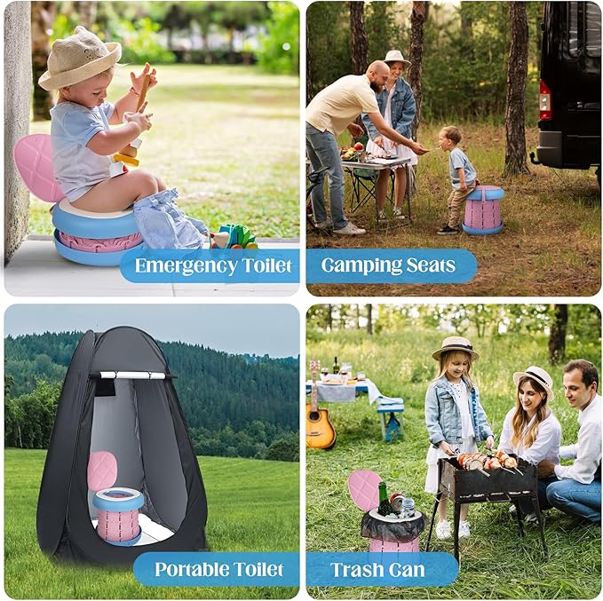 Inmorven Portable Toilet Camping Retractable Potty Adjustable Height Camp Potty for Adults Kids, Foldable Portable Toilet or Camping, Car, Travel, Boat, Beach, Tent and Emergency Use - Pink