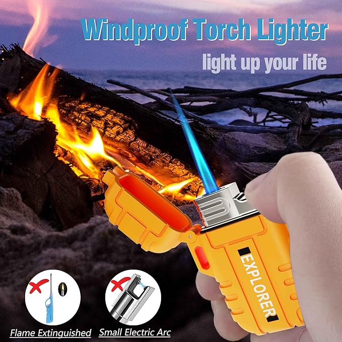 Waterproof Butane Torch Lighter Refillable Windproof Jet Flame Lighters for Fireplace Fireworks Grill Camping BBQ Lighter Gift for Man,2 Pack (Without Gas) (Orange+Orange)