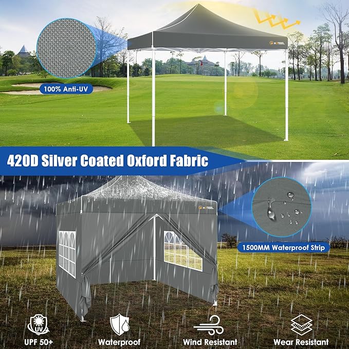 HOTEEL Pop Up Canopy Tent 10x10 with Sidewalls, Commercial Instant Waterproof Canopy for Vender Patio, UV 50+ with Silver Coated, Upgraded Thickened Hexagonal Legs, Gray