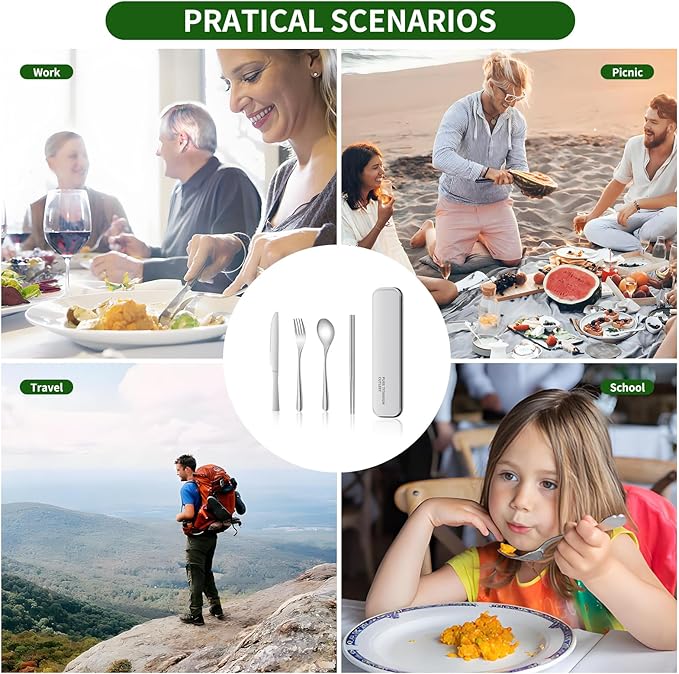 titanium tableware set, travel tableware with box, including titanium fork, knife, chopsticks and spoon, packed in a suitcase, portable design, suitable for school, work, picnic, camping use