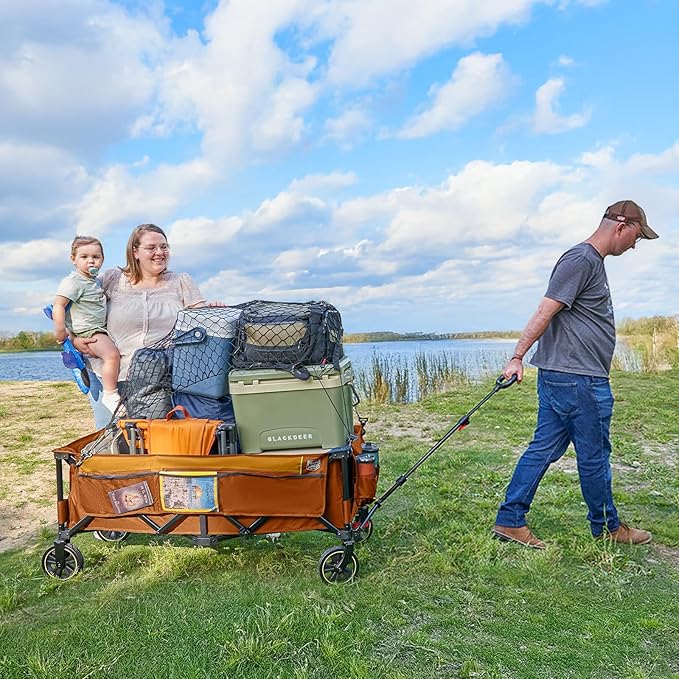 Timber Ridge 51.2'' Extended Collapsible Wagon Cart with Brakes and Cargo Net, 350LBS Heavy Duty Foldable Utility Wagon with Adjustable Handle, 400L Capacity Portable Cart for Camping Sports, Orange