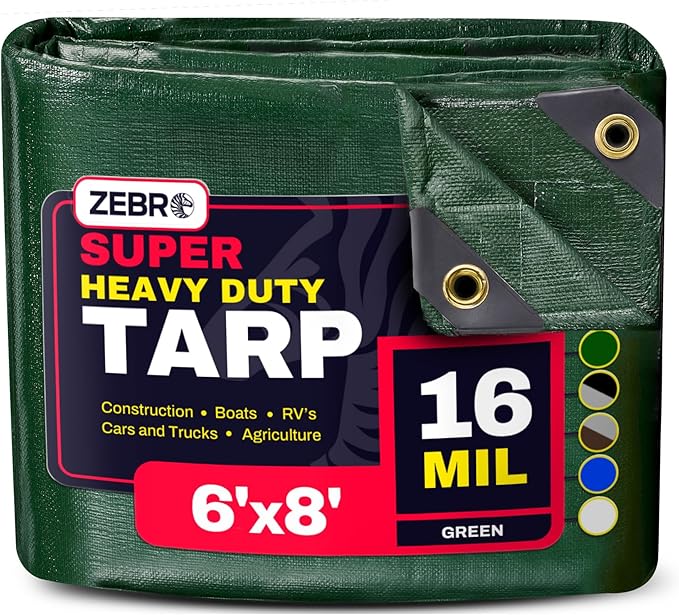 6' x 8' Green Heavy Duty Tarp with Grommets Reinforced - 16 Mil Thick - Double Sided Plastic Tarps Waterproof - Large Tarpaulin Cover for Outdoor Camping Over/Under Tent Tarp RV Roof Rain - Zebro