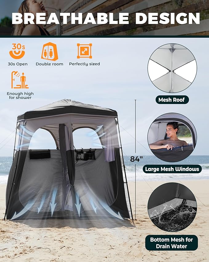 KingCamp Instant Shower Tent, Portable Superior Stable Privacy Shelter, 2 Large Rooms Outdoor Toilet Tent with Floor for Beach, Camping & Hiking, Setup in Under 60s