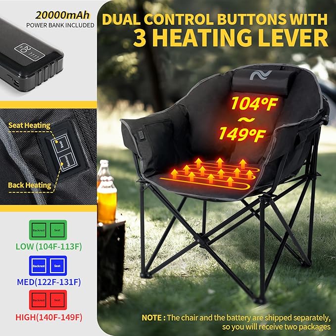 NAIZEA Heated Camping Chair, Oversized Heated Folding Outdoor Chair for Adults with 3 Heat Levels, Portable Foldable Patio Lounge Chair for Sports Outdoors Camp, Power Bank 20000mAh