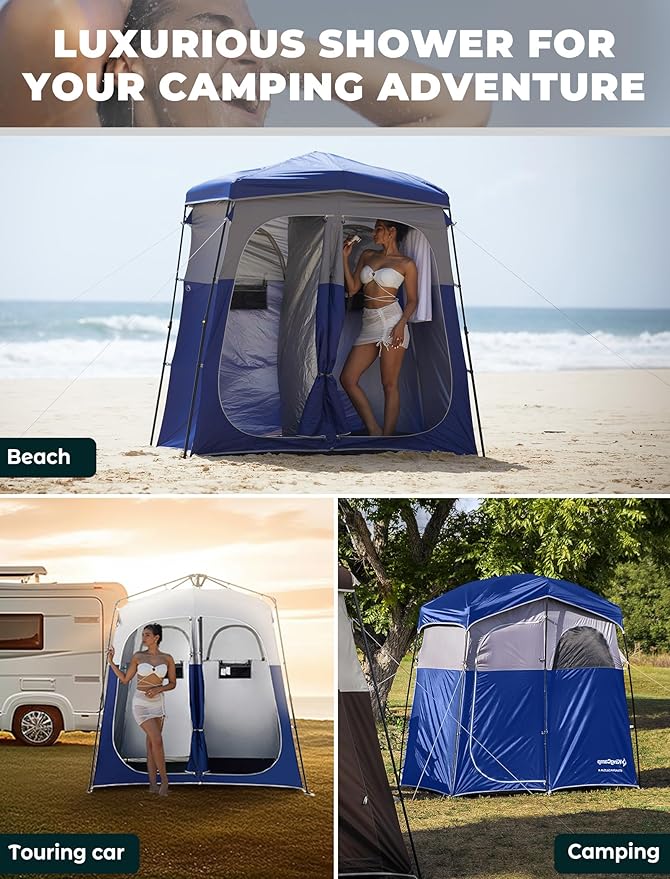 KingCamp Instant Shower Tent, Portable Superior Stable Privacy Shelter, 2 Large Rooms Outdoor Toilet Tent with Floor for Beach, Camping & Hiking, Setup in Under 60s