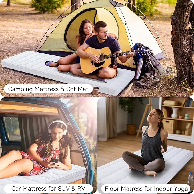 4Inch Cot Mattress Topper, Quilted Soft Portable Pads for Camping with Washable Cover, Memory Foam Sleeping Pads Only, Roll Up Floors Mat, 75"x38", Beige