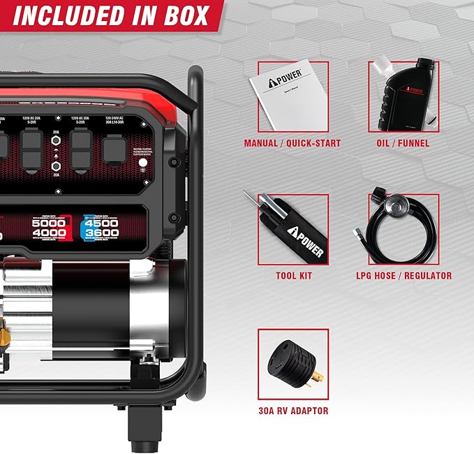A-iPower 5000-Watt Portable Generator Gas & Propane, CO Sensor Shutdown, Heavy Duty Generators with 223cc OHV Engine For Jobsite, RV, Home Backup, Emergency (GXS5000D)