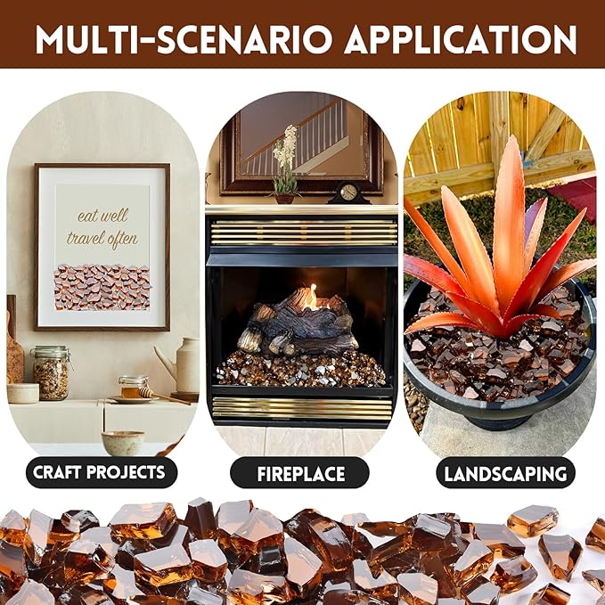 10 Pounds Fire Glass 1/2 Inch High Reflective Tempered Firepit Glass Rocks for Fireplace, Fire Pit Table, Fire Bowl and Landscaping (Amber)