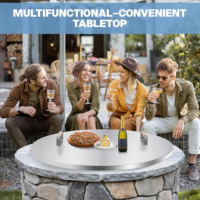 Fire Pit Lid Cover Round - 34" Stainless Steel Rust Resistant Firepit Cover or Table with 2 Wooden Handles for Patio Fire Pit, Weatherproof for All Seasons, Fits Fire Pits Up to 32"