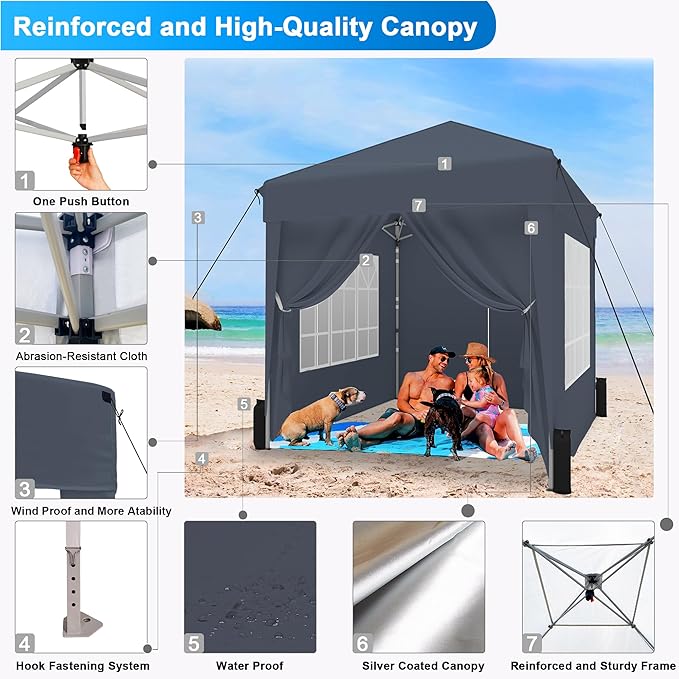 SANWAY 6.6x6.6 Pop Up Canopy Tent with Sidewalls x 4 –with Rome Window, Waterproof, UV-Resistant, Portable with Carry Bag for Outdoor Events, Camping, and Backyard Parties – Dark Gray