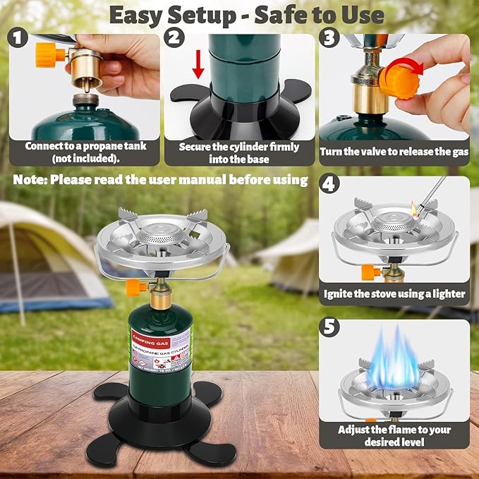 Propane Camping Stove, Portable Backpacking Stove with Adjustable Burner, Stable Camp Gas Stove for Outdoor Cooking, Single Burner Propane Stove for Hiking, Tailgating, Grilling (Fuel not Included)