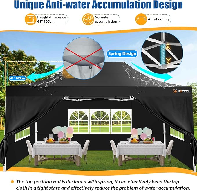HOTEEL 10x15 Pop up Canopy Tent for Parties, Heavy Duty Easy Setup Tent with 4 Sidewalls, Outdoor Commercial Instant Gazebo for Wedding Event, with Roller Bag & Sand Bags, Black(Hexagonal Frame)