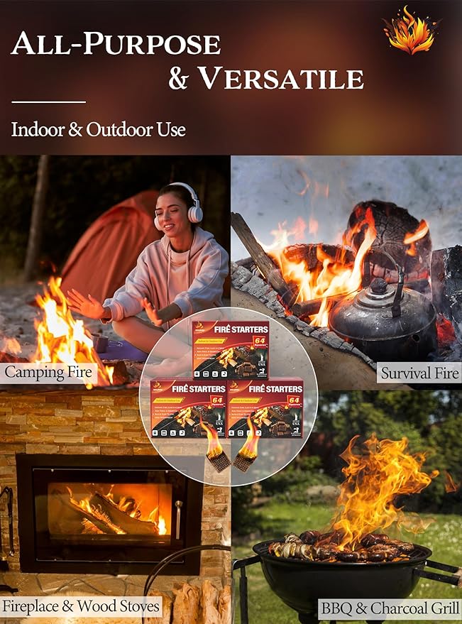 Fire Starter Squares 192, Natural & Odourless FireStarters Cubes for Campfire, Fireplace, Chimney and Barbecue, Water Resistant, Easy to Ignite, Safe Camping Accessories