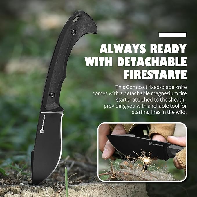 7.68" EDC Survival Knife with Fire Starter L-Y, Small EDC Full Tang Fixed Blade Knife with Sheath, Belt Clip, Full Black