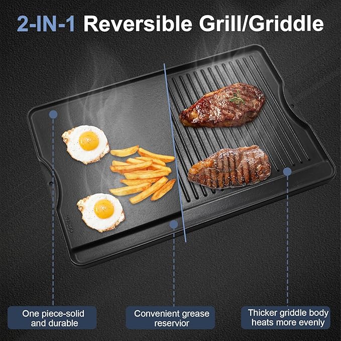Criditpid Flat Griddle Top Plate Replacement Parts for Gas Stove, Charcoal, Electric, Propane, Gas Grill, 16” x 24” 2-in-1 Reversible Pre-Seasoned Cast Iron Cooking Griddle for Camping Tailgating.