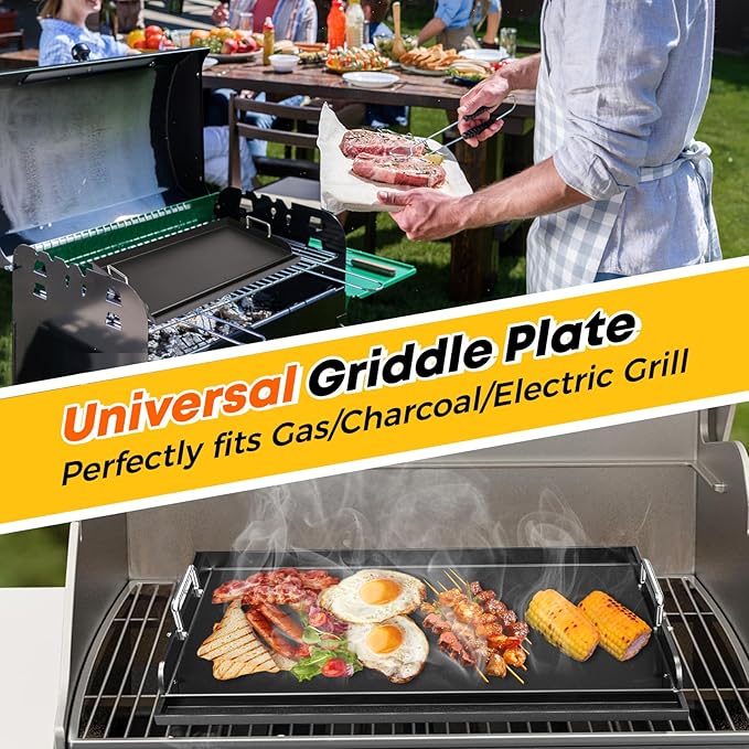 25" x 16" Universal Gas Grill Griddle Plate with Removable Handles,Nonstick Cast Iron Flat Top Cooking Surface,Grease Groove Design for Camping Tailgating Parties on Charcoal/Gas Grills