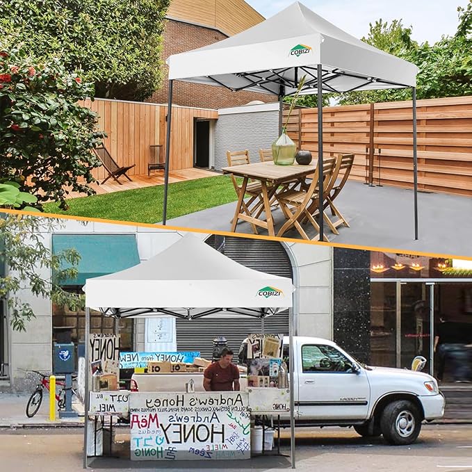 COBIZI 6.6x6.6 Pop Up Canopy Without Sidewall,Heavy Duty Canopy UPF 50+ All Season Wind Waterproof Commercial Outdoor Party Tents for Parties Canopy Gazebo with Storage Bag(6.6 x 6.6 ft White)