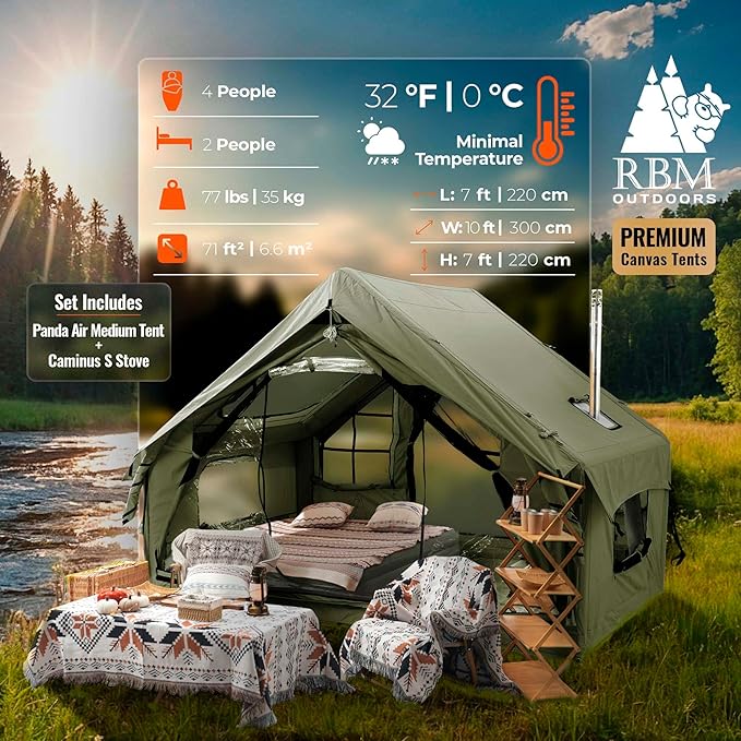 Panda Inflatable Tents for Camping with Stove Jack, Canvas Blow Up, Easy Setup Inflatable Tent, Waterproof Hot Inflatable Outdoor House, Casa de Campaña with Hand Pump