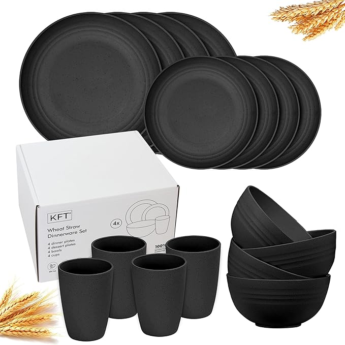 KFT 16-Piece Wheat Straw Dinnerware Set for 4, Onyx Black - Unbreakable Plates and Bowls Set, Eco-Friendly BPA-Free Kitchen Dishes for Camping, RV, Dorm & Everyday Use - Microwave Safe for Reheating