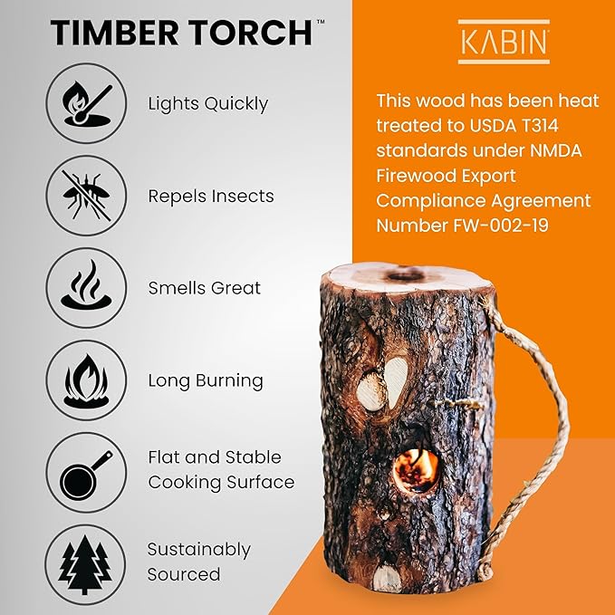 KABIN Timber Torch - Portable Instant Mini Firewood Campfire Logs - Kiln Dried Firewood Self-Maintained Long Burning Sustainable Fire Wood for Fire Pit Indoor Fireplace - Solo Starter Ready to Use