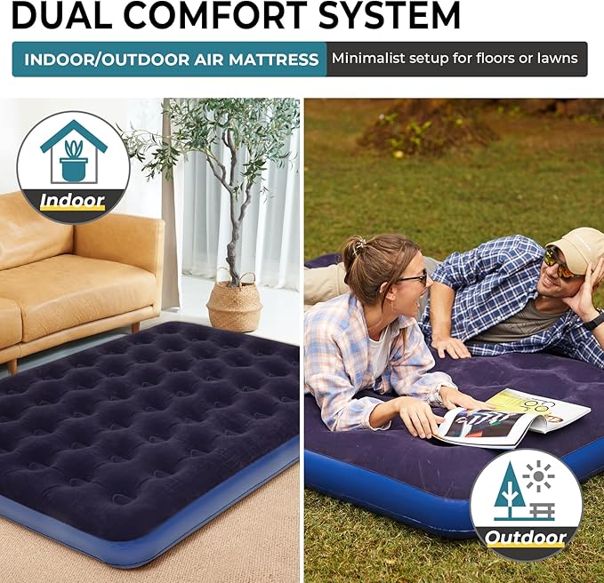 FUNDANGO 2 Person Cot Queen Size, Folding Airbed Mattress, Double Camp Bed with 2 Cup Holders, Removeable Cover for Adults Outdoor Travel,Carry Bag Included (Grey)