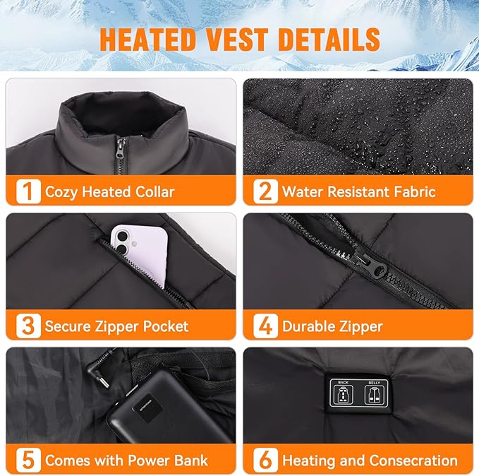 Heated Vest for Men, 3-Temp Dual Control, 9 Heat-Zone, Wind/Waterproof, 16000mAh Power Bank, for Skiing Hiking