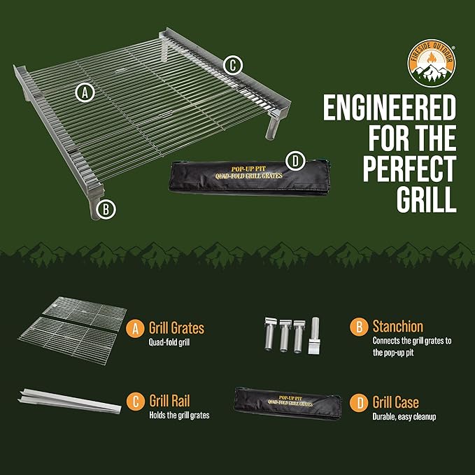 Fireside Outdoor Pop-Up Fire Pit Grill Grates - Folding Campfire Grill Grate Over Fire Pit Grate, Portable BBQ Grills, Camping Cooking, Camping Essentials, Outdoor Cooking - Quad-Fold Grates