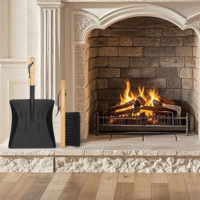 Fireplace Ash Shovel and Brush Set, Coal Shovel and Hearth Brush Set, Fireplace Tools Set Indoor Outdoor Rust Resistant Made of Natural Wood & Coco Bristles for Easy Cleaning