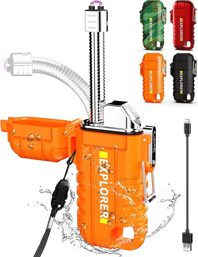 Waterproof Electric Lighter with 360°Flexible Long Neck, Outdoor Windproof Arc Lighter USB Rechargeable Flameless Plasma Cool Lighters for Outdoor & Kitchen (Orange)