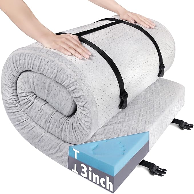 Memory Foam Camping Mattress Pad 3 Inch Thick, Portable Sleeping Pad with Waterproof Cover, Portable Roll Up Cot Mattress Pad Floor Mat for Travel Truck Bed Tent, 72"×24"×3", Light Gray