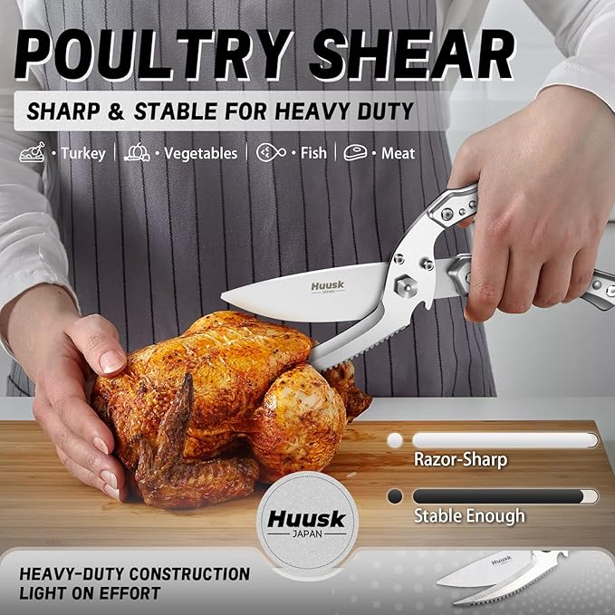 Huusk Kitchen Scissors All Purpose Poultry Shears Heavy Duty Ultral Sharp Detachable Kitchen Shears for Chicken Bone Turkey Silvery Stainless Steel Cooking Shear Thanksgiving