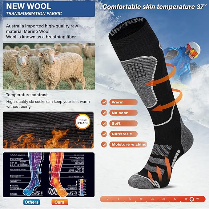 Merino Wool Ski Socks 2 Pairs, Thermal Knee High Warm Socks for Snowboarding, Hiking, Cold Weather, Snow, Hunting