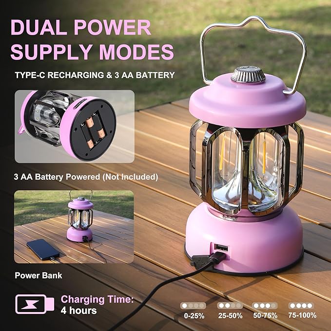 Rechargeable LED Camping Lanterns, 2000mAh Vintage Camping Lights Battery Operated Rechargeable , Hanging Retro Metal Hiking Tent Lamp for Emergency, Hurricane,Decoration,Home,Pink,2 Pack