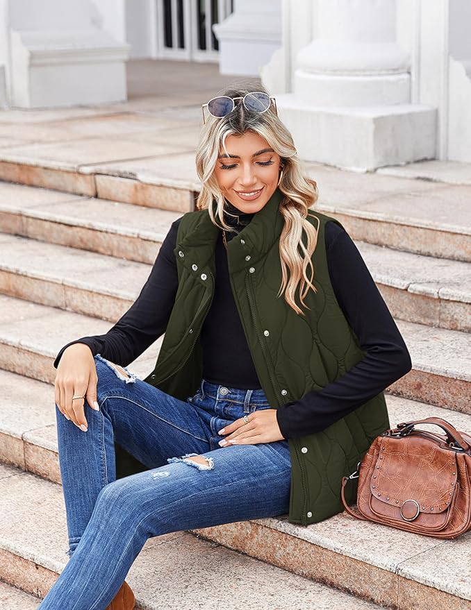 Zeagoo Puffer Vest Women Sleeveless Quilted Jacket Lightweight Snap Zip Up Stand-up Collar Down with Pockets Outerwear